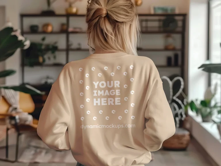 Woman Wearing Beige Sweatshirt Mockup Back View Template