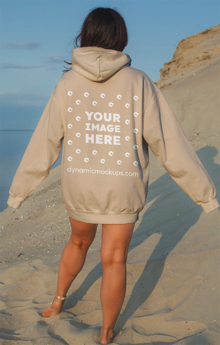 Woman Wearing Beige Hoodie Mockup Back View Template