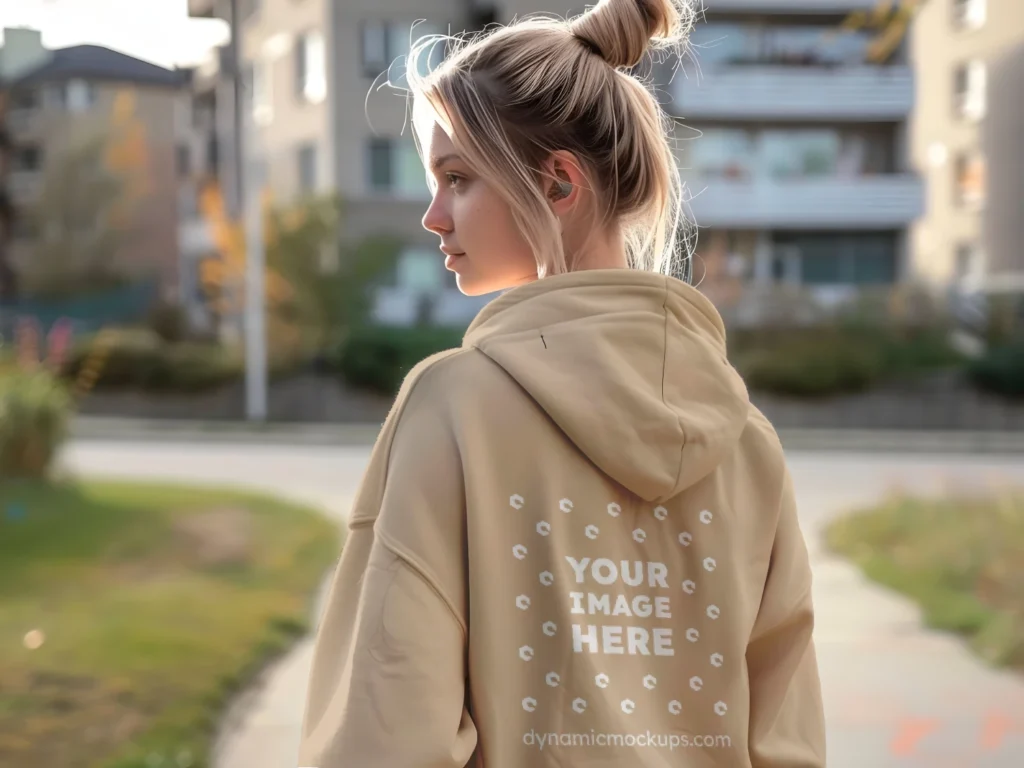 Woman Wearing Beige Hoodie Mockup Back View Template