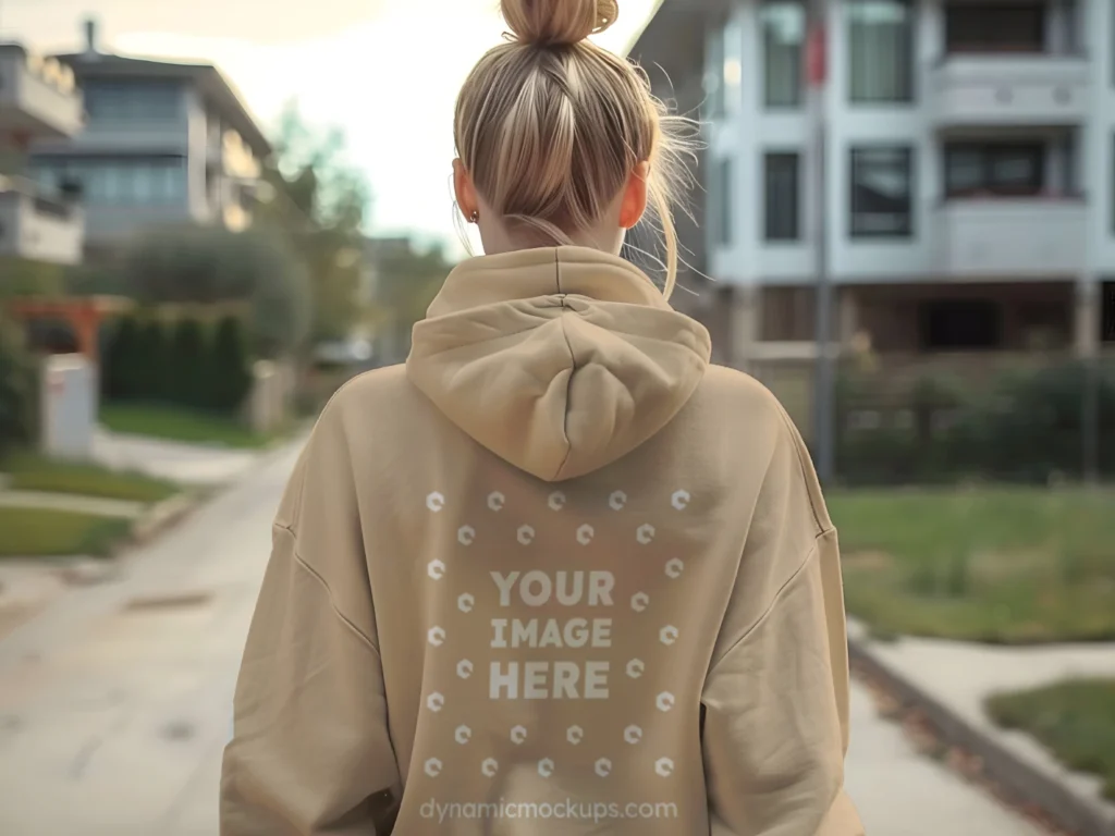 Woman Wearing Beige Hoodie Mockup Back View Template