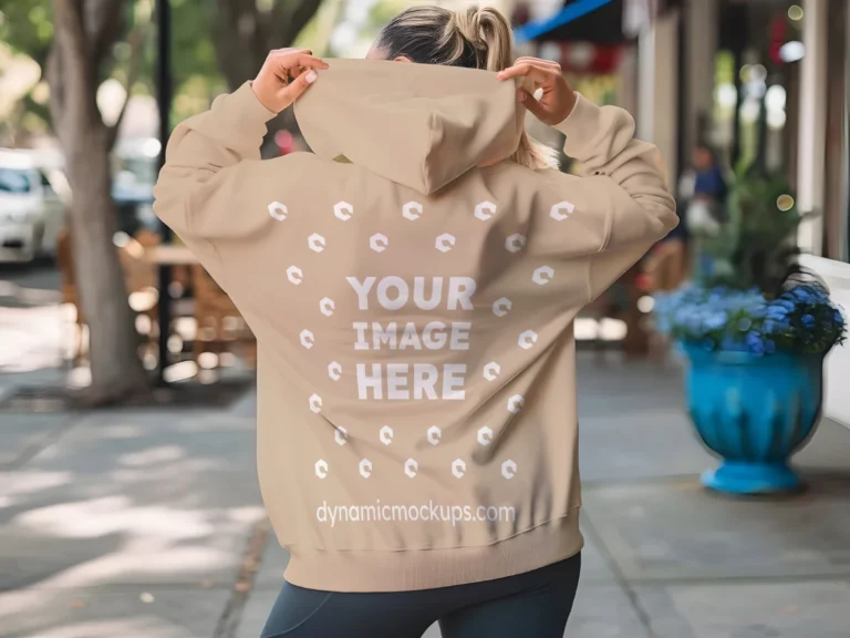 Woman Wearing Beige Hoodie Mockup Back View Template