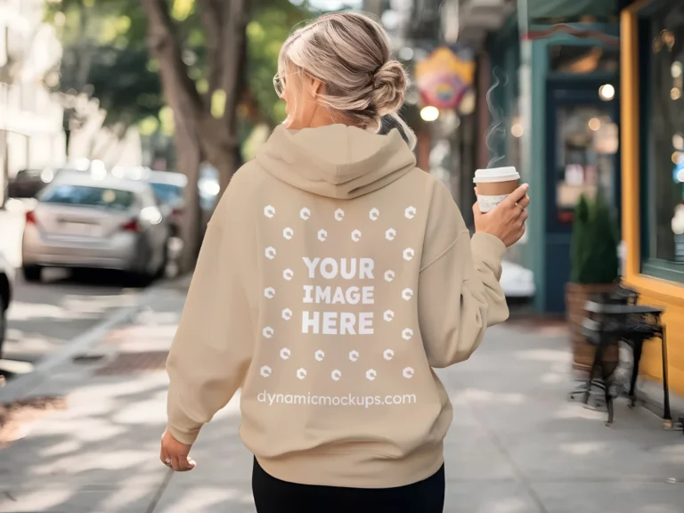 Woman Wearing Beige Hoodie Mockup Back View Template