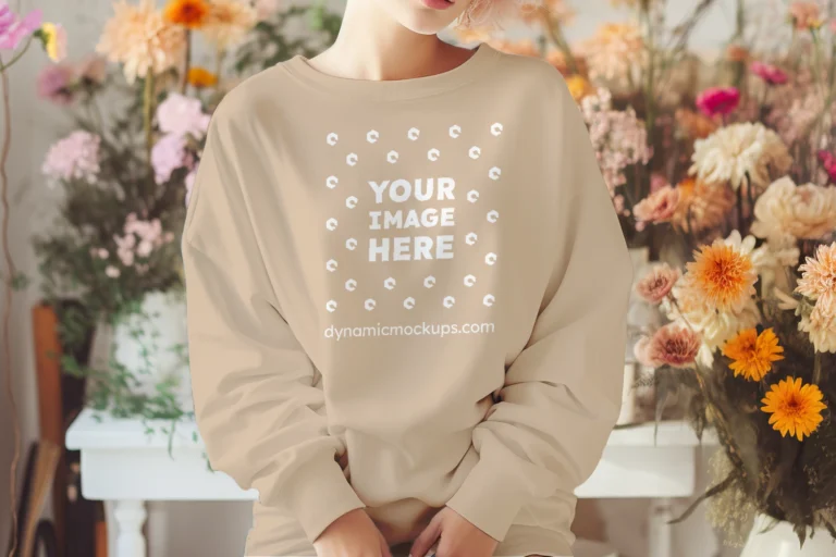 Woman Wearing Beige Sweatshirt Mockup Front View Template