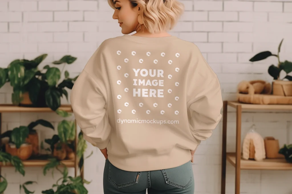 Woman Wearing Beige Sweatshirt Mockup Back View Template