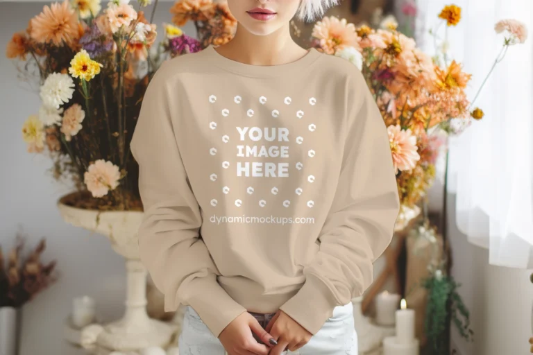 Woman Wearing Beige Sweatshirt Mockup Front View Template