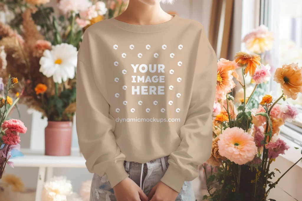 Woman Wearing Beige Sweatshirt Mockup Front View Template