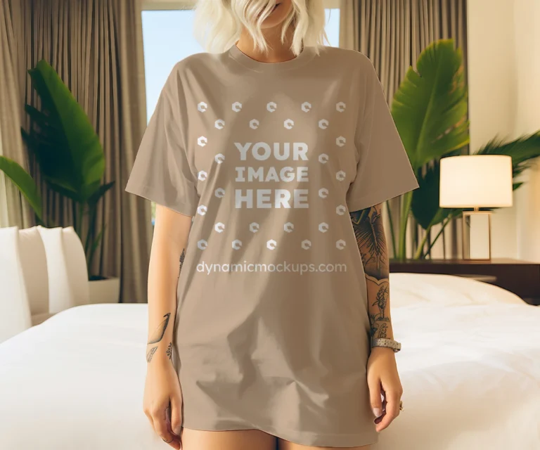 Woman Wearing Beige T-shirt Mockup Front View Template