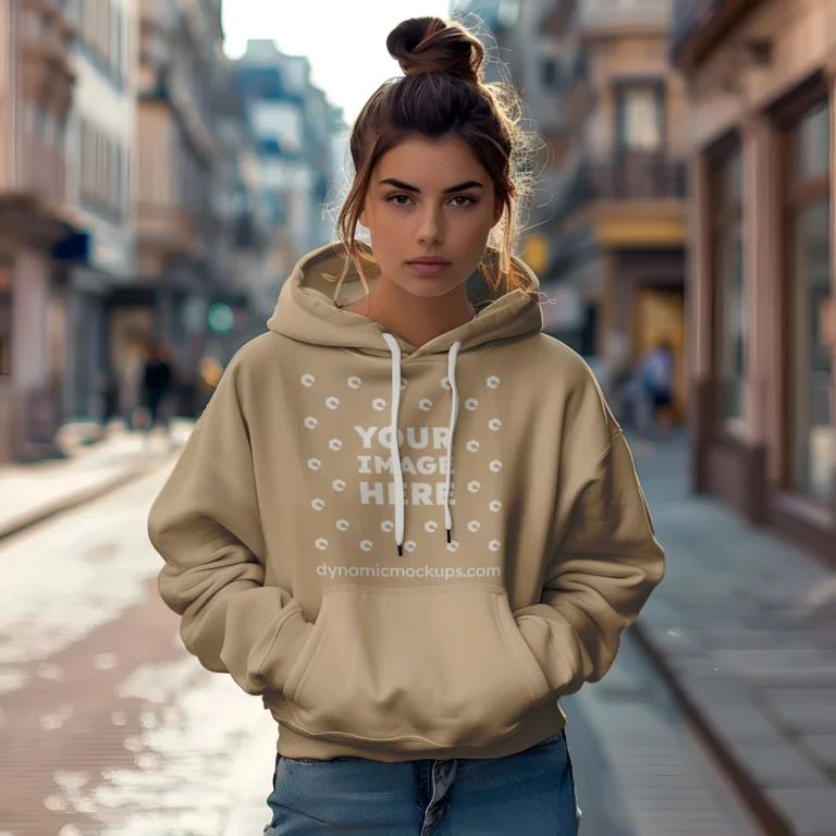 Woman Wearing Beige Hoodie Mockup Front View Template