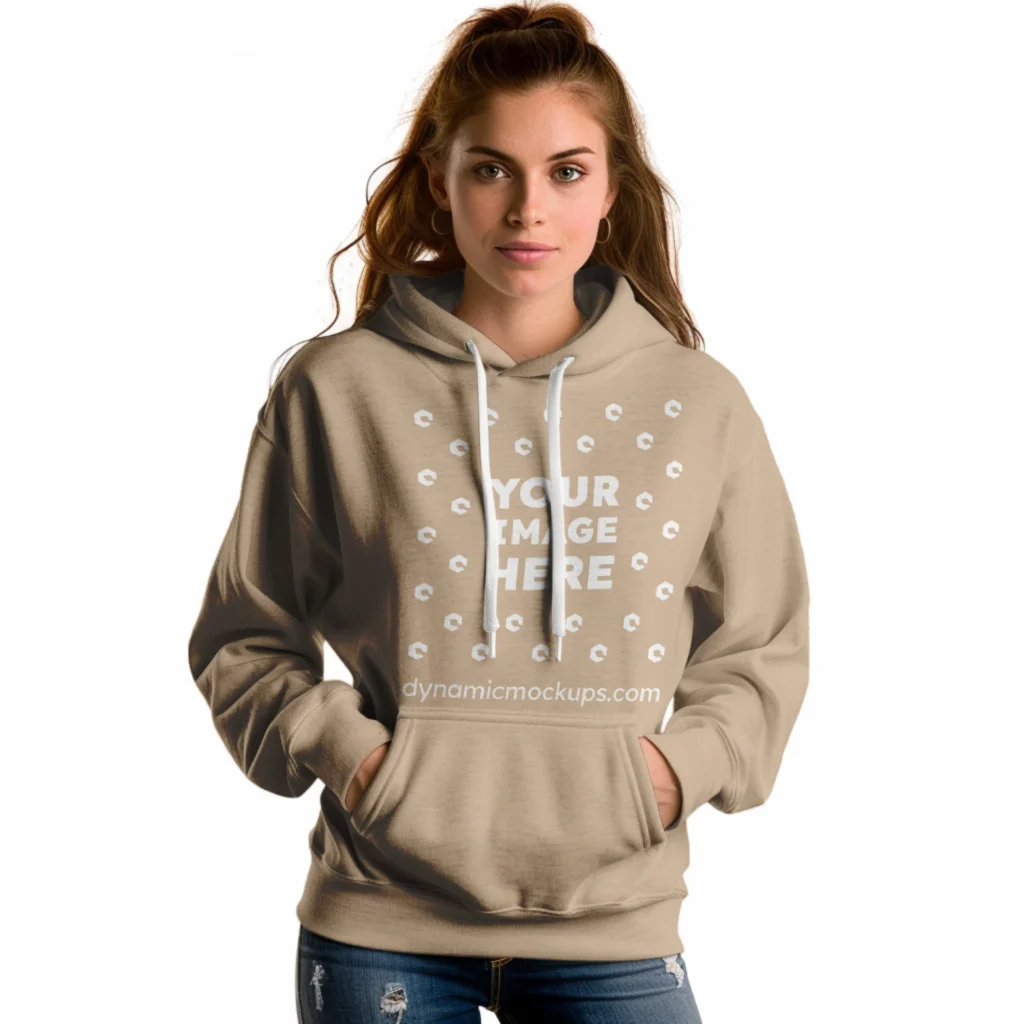 Woman Wearing Beige Hoodie Mockup Front View Template