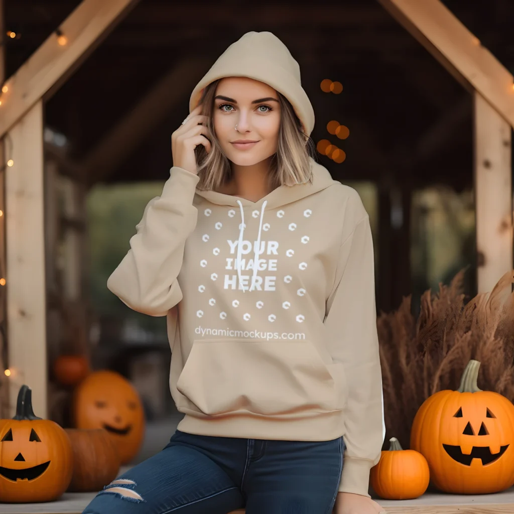 Woman Wearing Beige Hoodie Mockup Front View Template