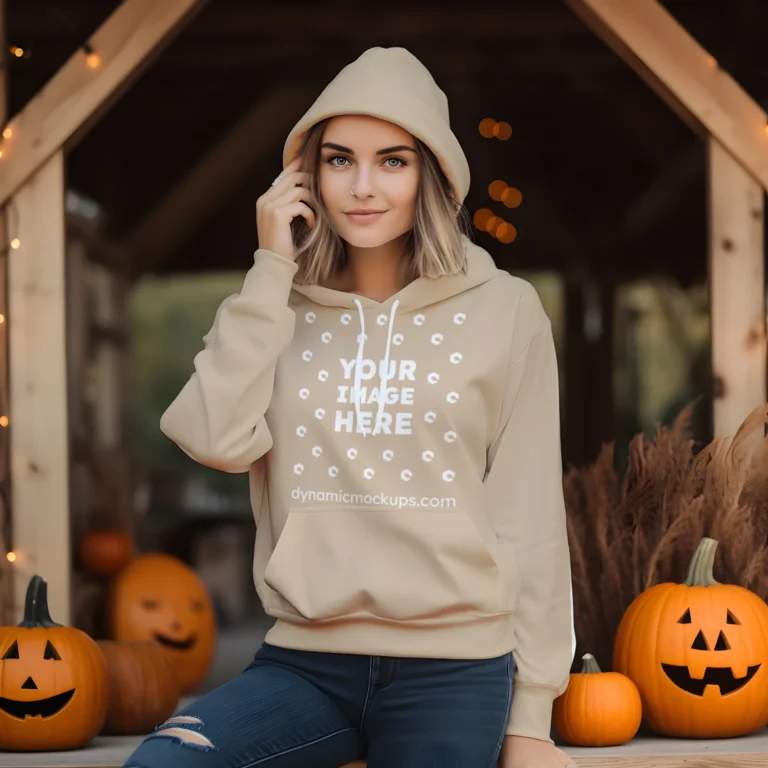 Woman Wearing Beige Hoodie Mockup Front View Template