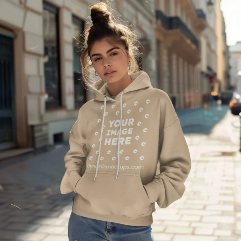 Woman Wearing Beige Hoodie Mockup Front View Template