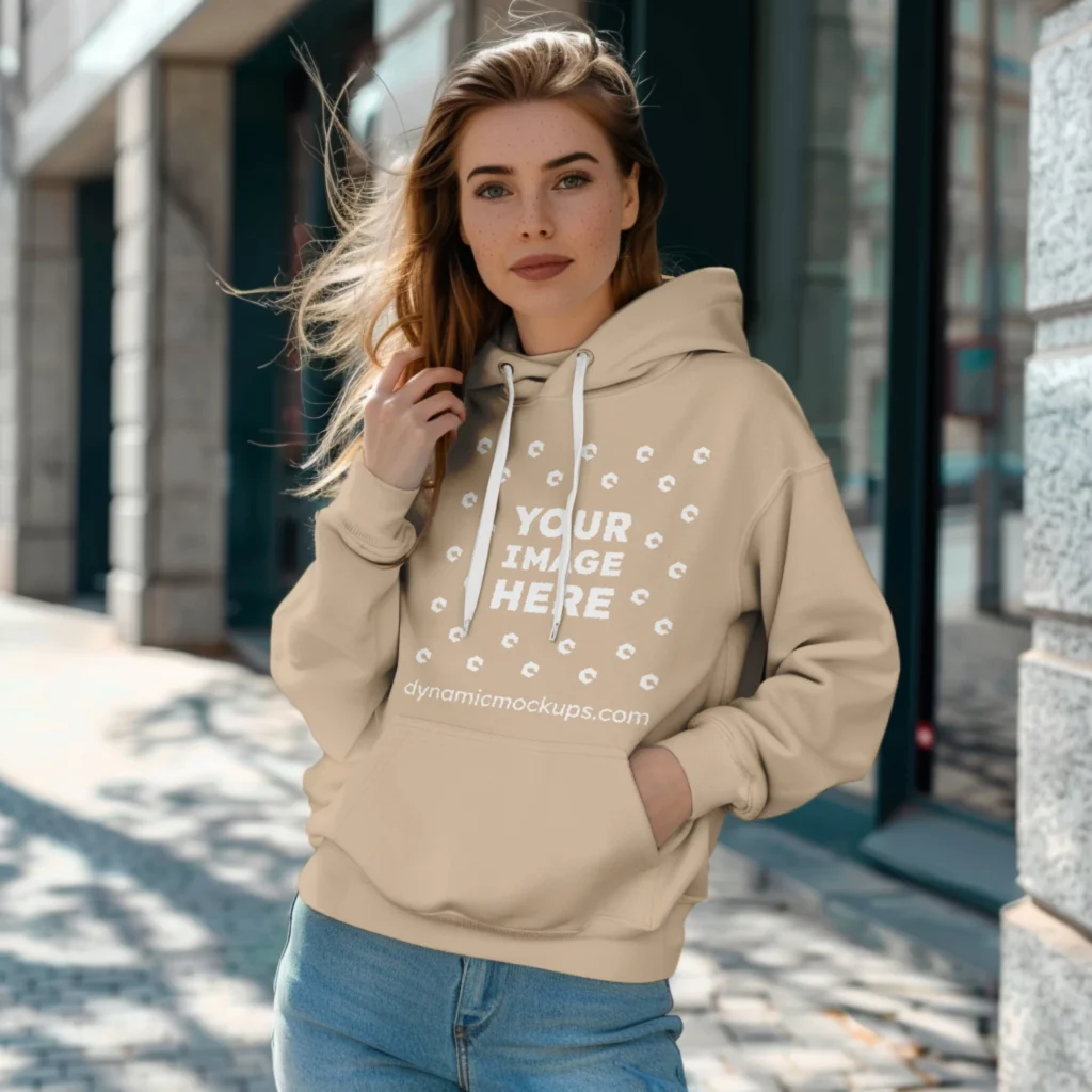 Woman Wearing Beige Hoodie Mockup Front View Template