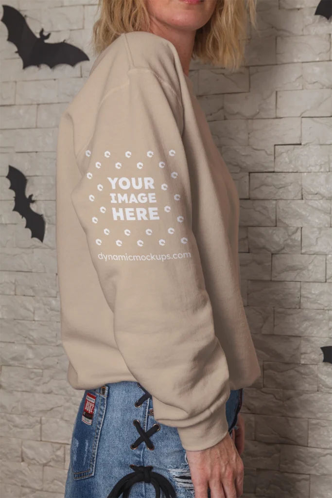 Woman Wearing Beige Hoodie Mockup Side View Template