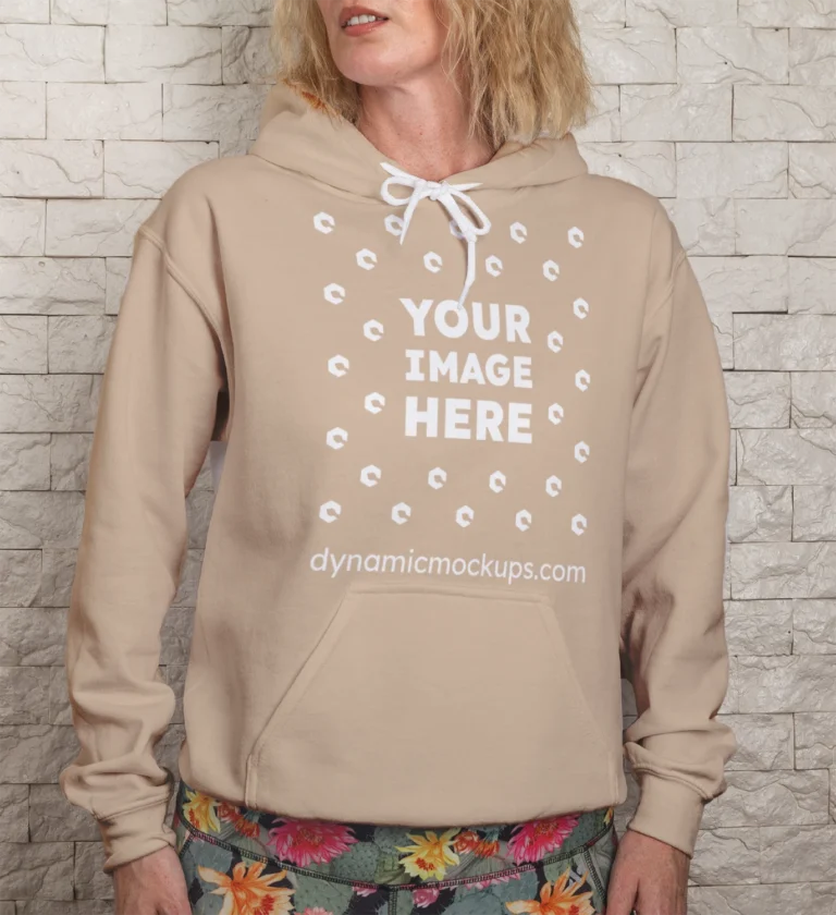 Woman Wearing Beige Hoodie Mockup Front View Template