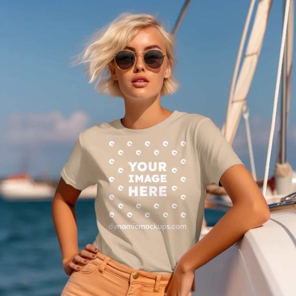 Woman Wearing Beige T-shirt Mockup Front View Template