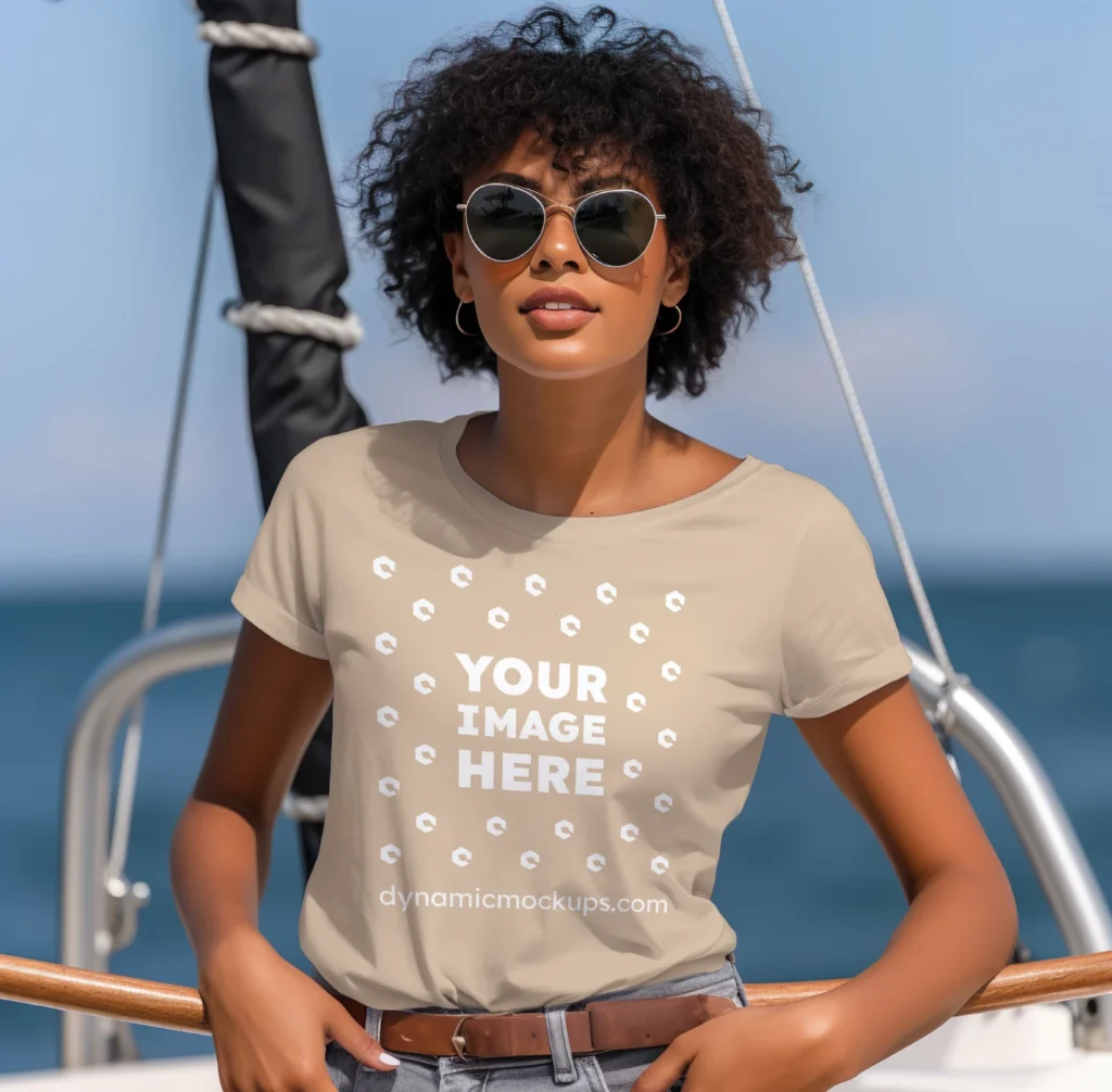 Woman Wearing Beige T-shirt Mockup Front View Template