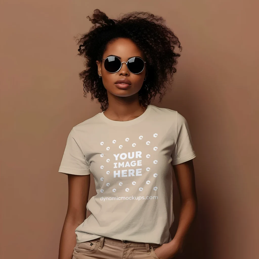 Woman Wearing Beige T-shirt Mockup Front View Template