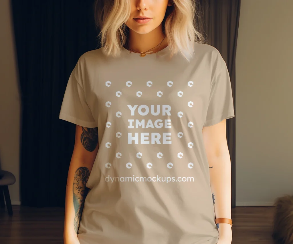 Woman Wearing Beige T-shirt Mockup Front View Template