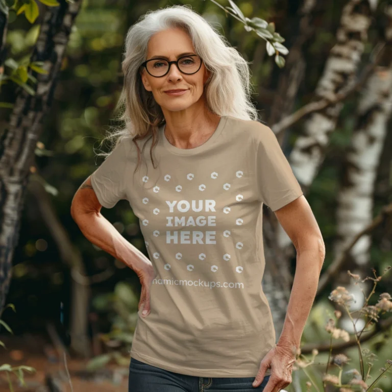 Woman Wearing Beige T-shirt Mockup Front View Template