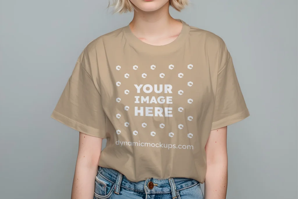 Woman Wearing Beige T-shirt Mockup Front View Template