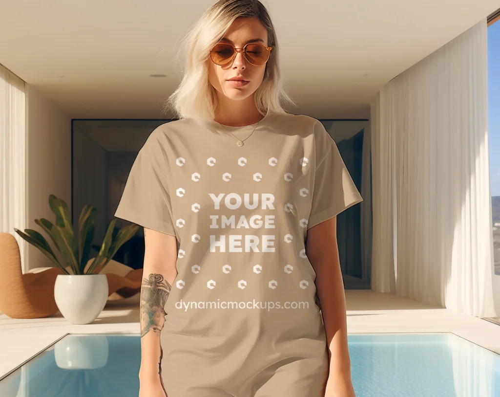 Woman Wearing Beige T-shirt Mockup Front View Template