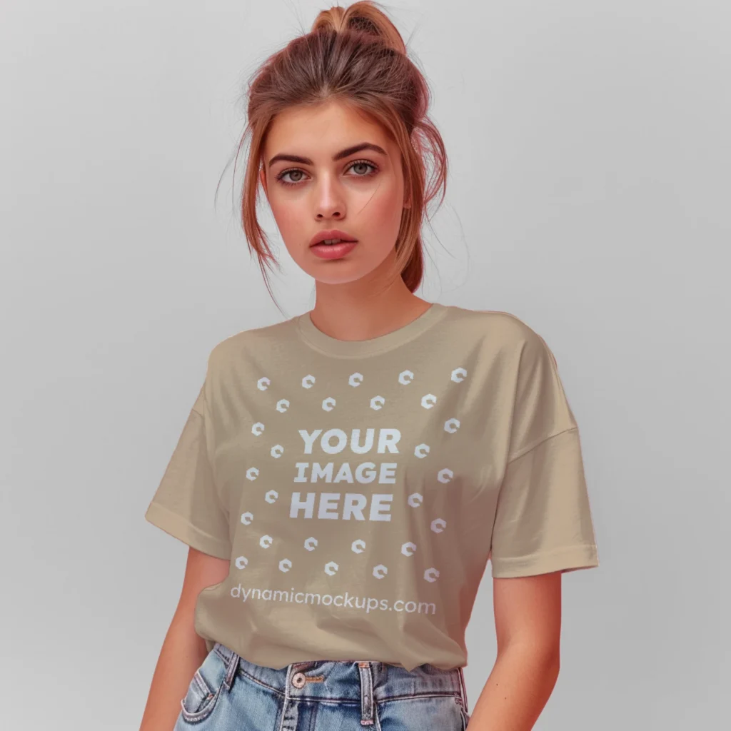 Woman Wearing Beige T-shirt Mockup Front View Template