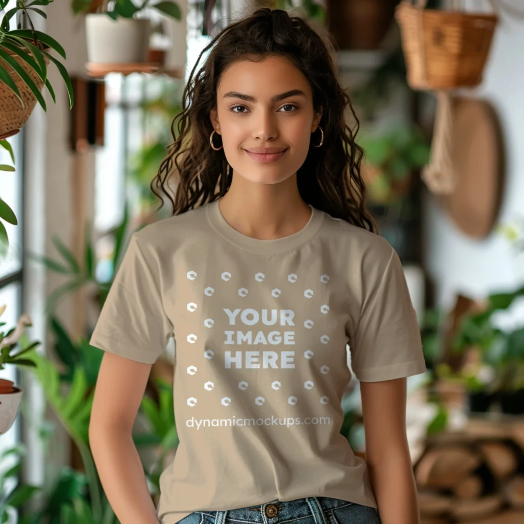 Woman Wearing Beige T-shirt Mockup Front View Template