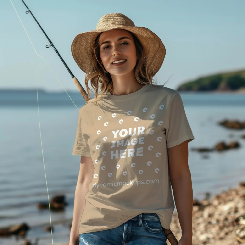 Woman Wearing Beige T-shirt Mockup Front View Template