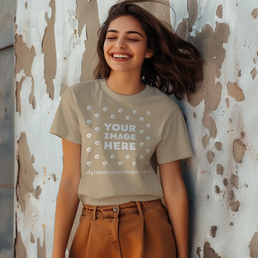 Woman Wearing Beige T-shirt Mockup Front View Template