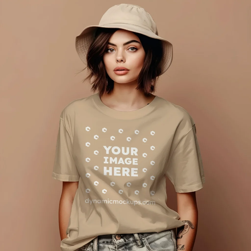 Woman Wearing Beige T-shirt Mockup Front View Template