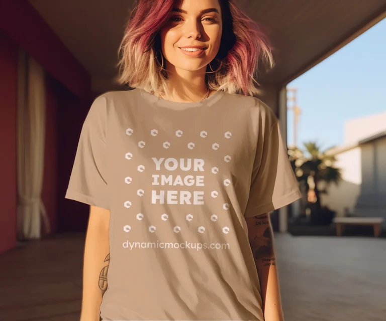 Woman Wearing Beige T-shirt Mockup Front View Template