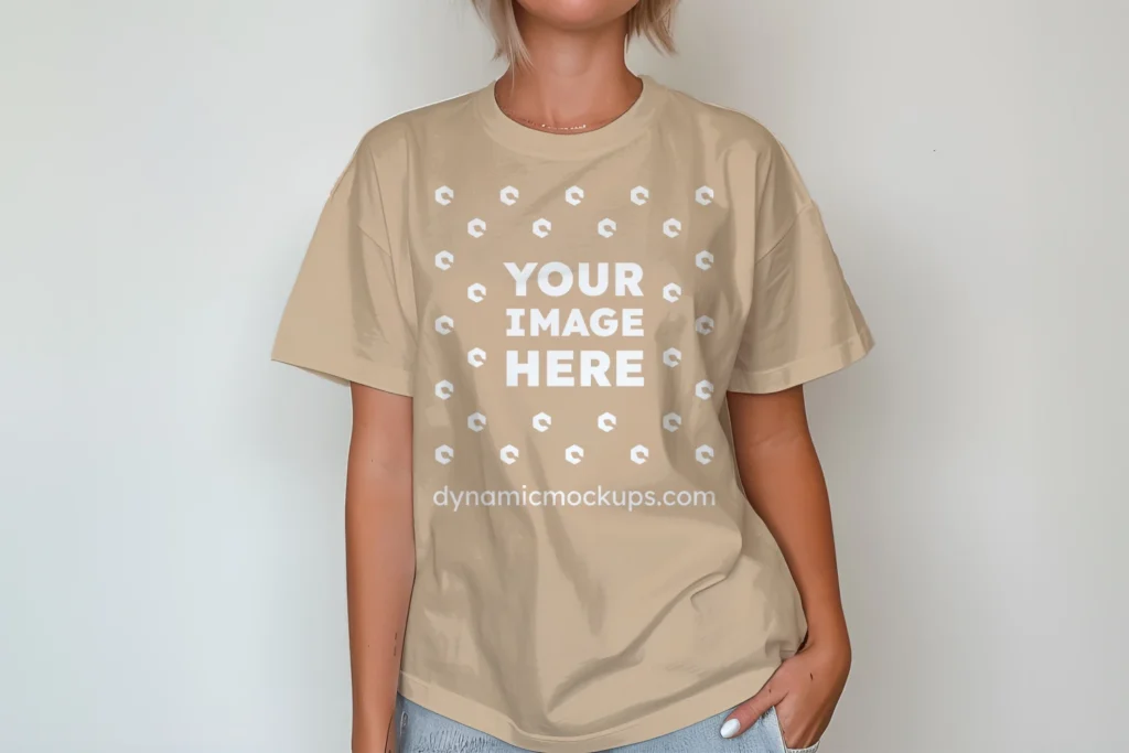 Woman Wearing Beige T-shirt Mockup Front View Template