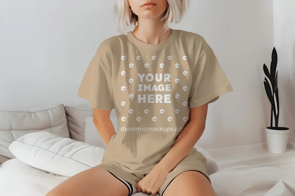 Woman Wearing Beige T-shirt Mockup Front View Template