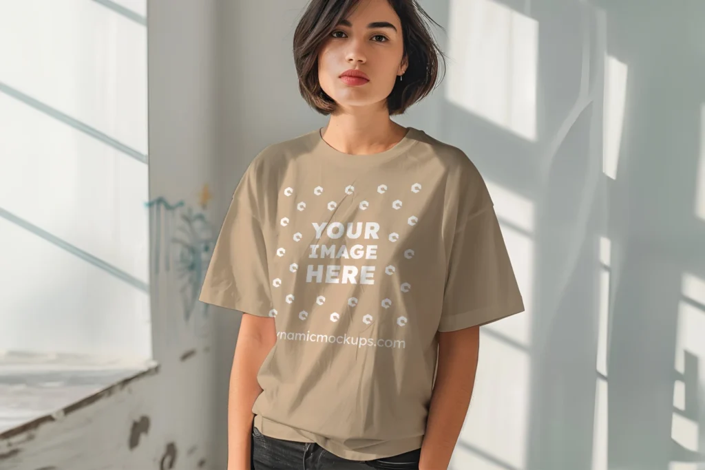 Woman Wearing Beige T-shirt Mockup Front View Template