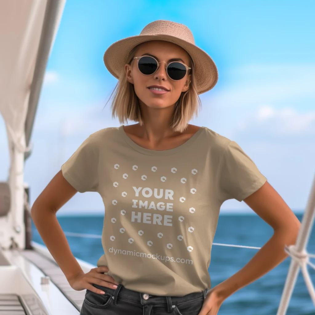 Woman Wearing Beige T-shirt Mockup Front View Template