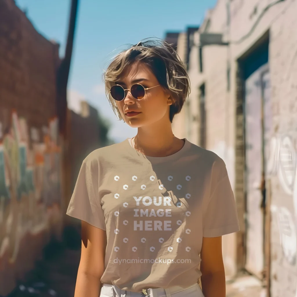 Woman Wearing Beige T-shirt Mockup Front View Template