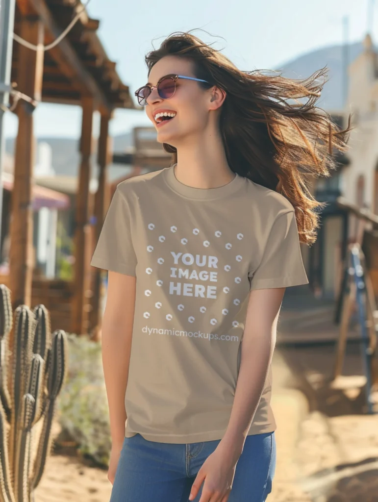 Woman Wearing Beige T-shirt Mockup Front View Template