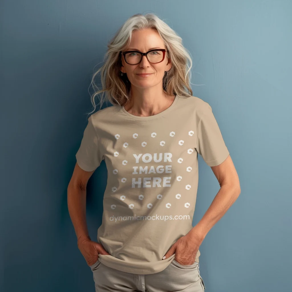 Woman Wearing Beige T-shirt Mockup Front View Template