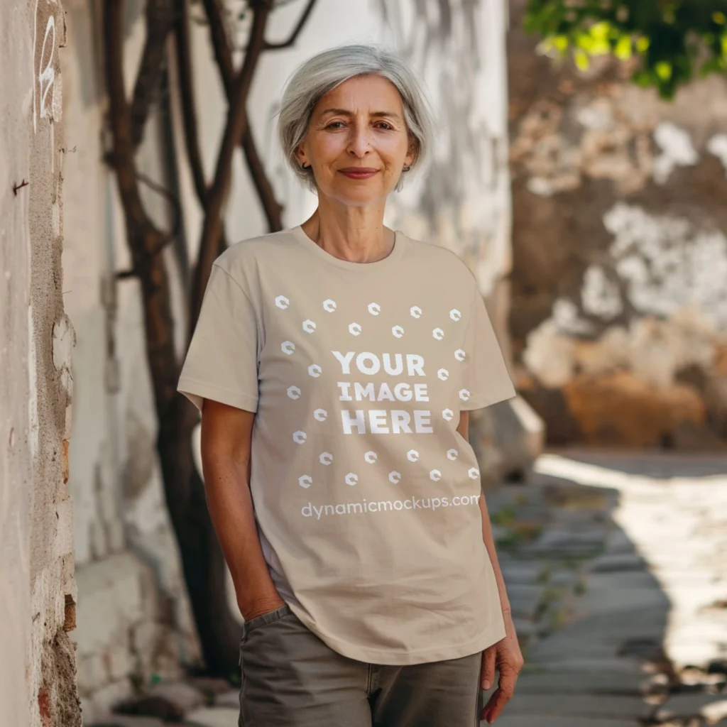 Woman Wearing Beige T-shirt Mockup Front View Template