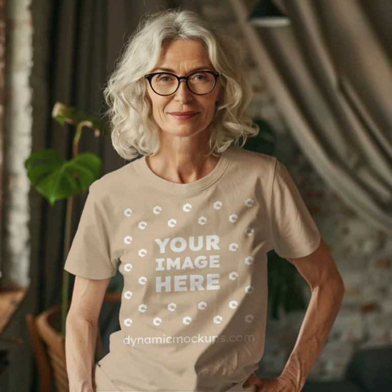 Woman Wearing Beige T-shirt Mockup Front View Template