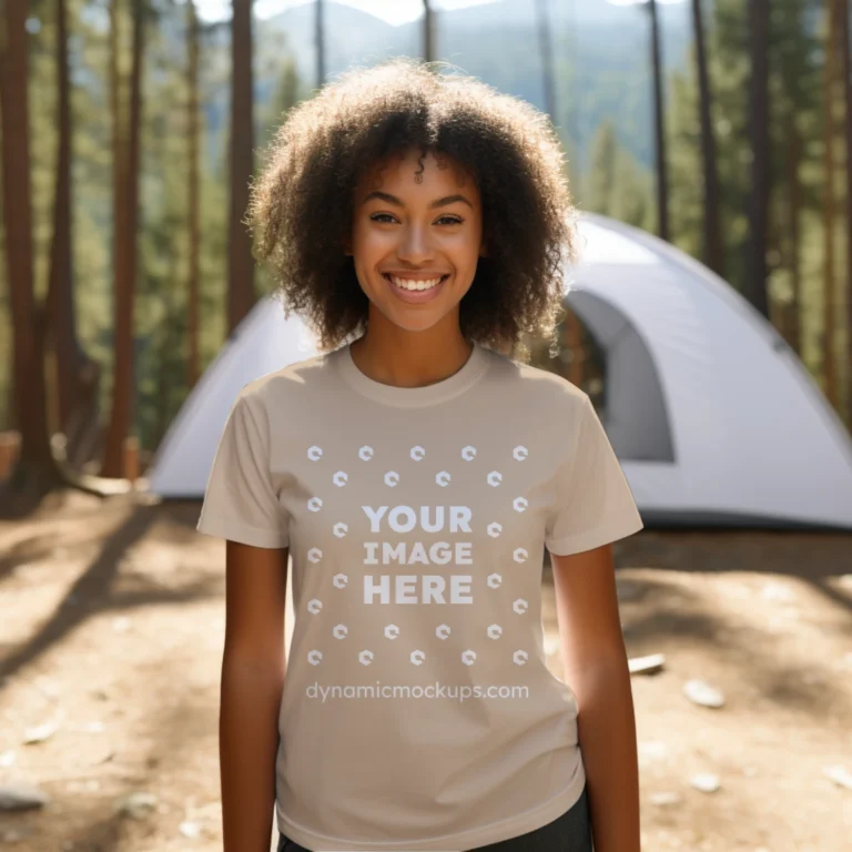 Woman Wearing Beige T-shirt Mockup Front View Template