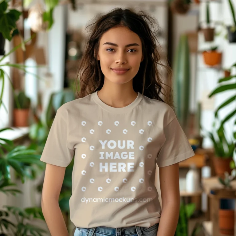 Woman Wearing Beige T-shirt Mockup Front View Template