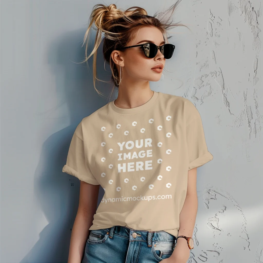 Woman Wearing Beige T-shirt Mockup Front View Template