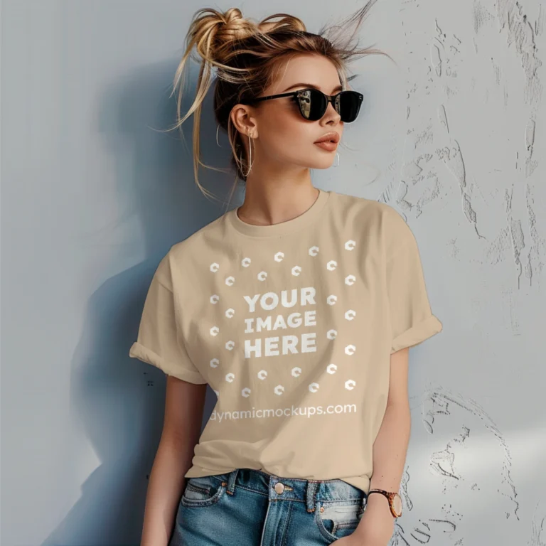 Woman Wearing Beige T-shirt Mockup Front View Template