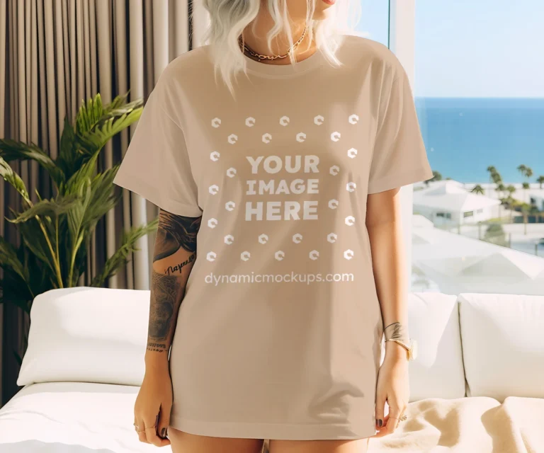 Woman Wearing Beige T-shirt Mockup Front View Template