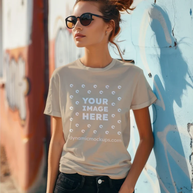 Woman Wearing Beige T-shirt Mockup Front View Template