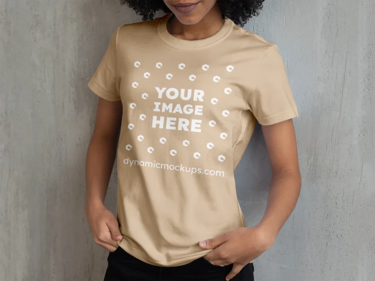 Woman Wearing Beige T-shirt Mockup Front View Template