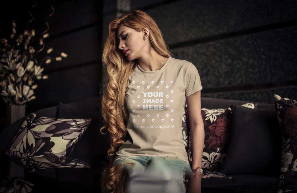 Woman Wearing Beige T-shirt Mockup Front View Template