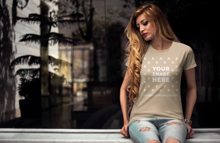 Woman Wearing Beige T-shirt Mockup Front View Template